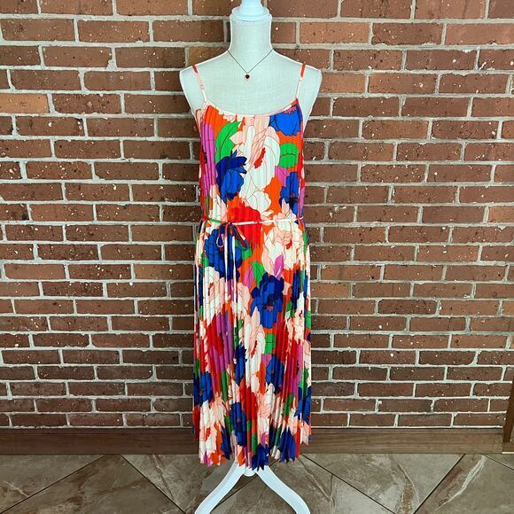 NWT Sam Edelman Retro Multicolor Floral Plisse Midi Flowy Dress Belted Size L - Picture 4 of 9
